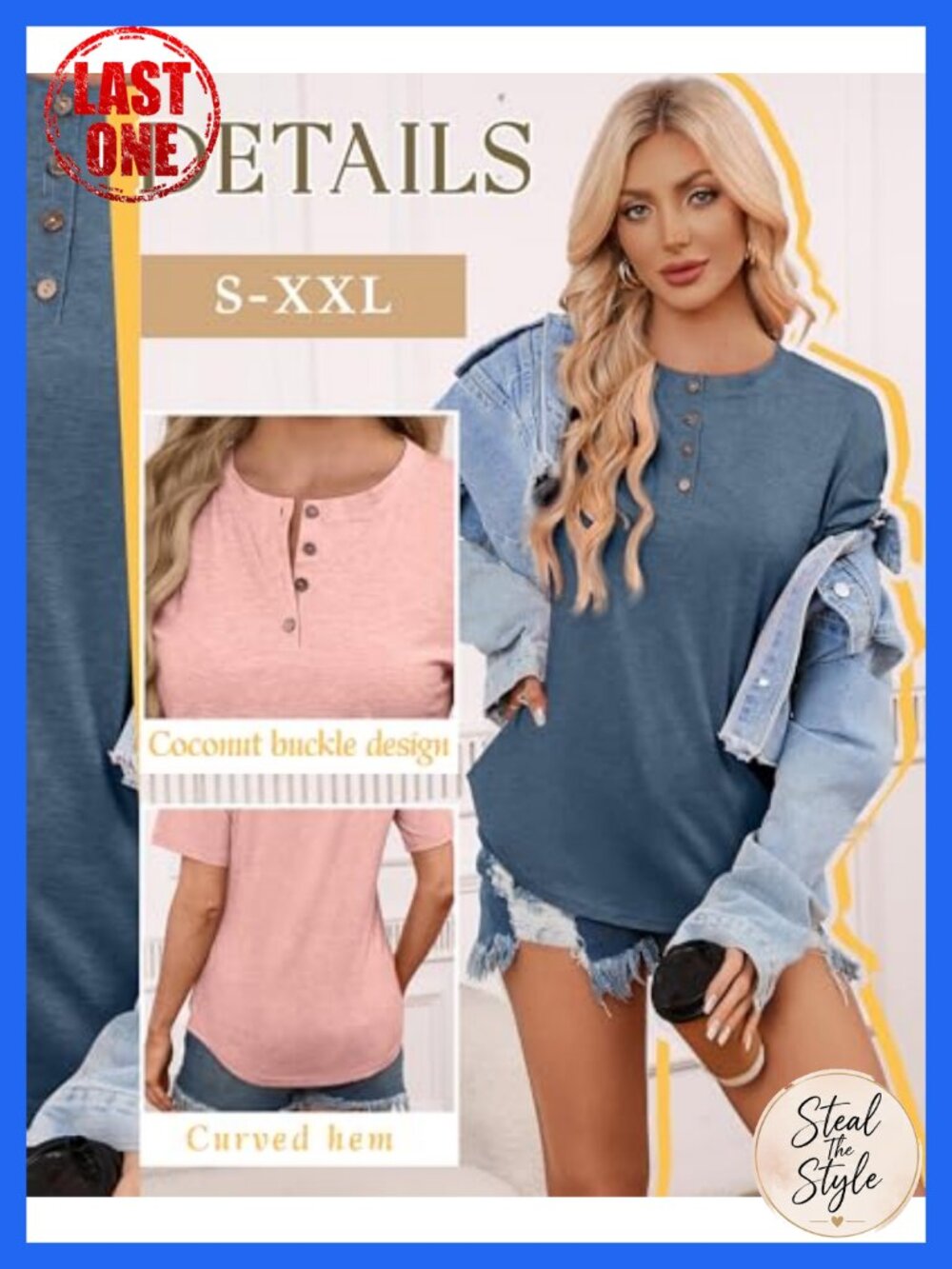 3 Pack Women's Henley Shirts Tunic Tops Loose Fit Curved Hem Short Sleeve - Picture 3 of 6